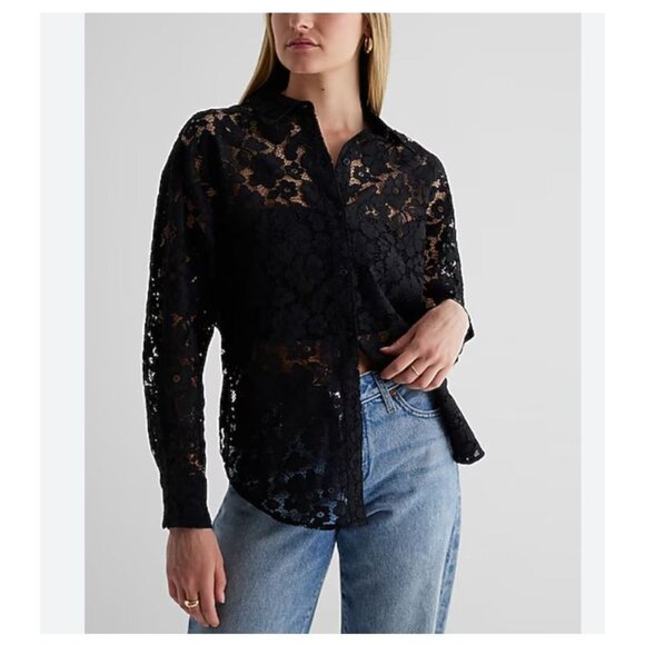 Express Lace Boyfriend Portofino Shirt Black Floral Sheer Button Down Top Large - Picture 1 of 10
